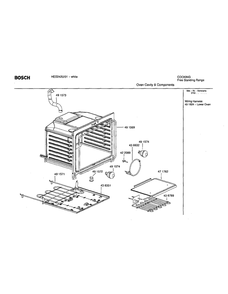 Oven Cavity And Components Diagram and Parts List for HES242U 01 Bosch Range