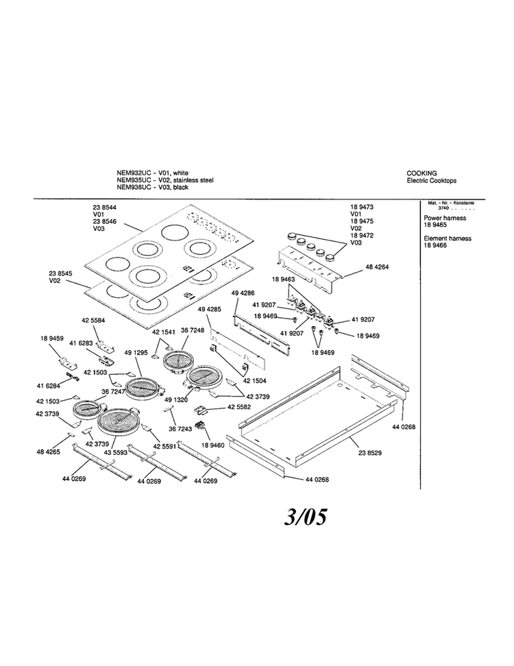 Electric Cooktop Diagram and Parts List for NEM935UC 01 Bosch Cooktop