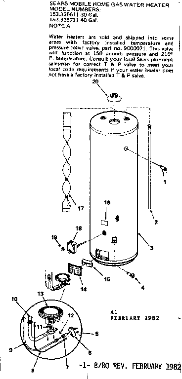 Replacement Parts Diagram and Parts List for 153335611  Kenmore Water Heater