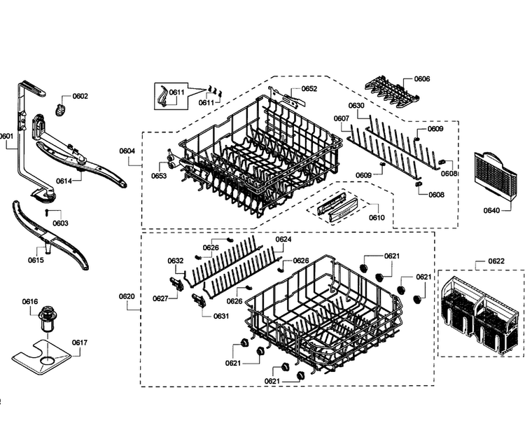 Baskets Diagram and Parts List for SHE55P06UC 60 Bosch Dishwasher
