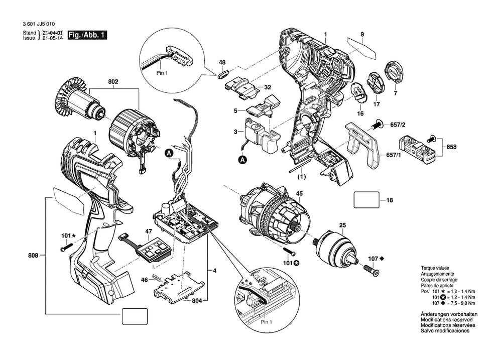 Diagram 1 Diagram and Parts List for GSR18V-1330C 3 601 JJ5 010 Bosch Cordless Drill
