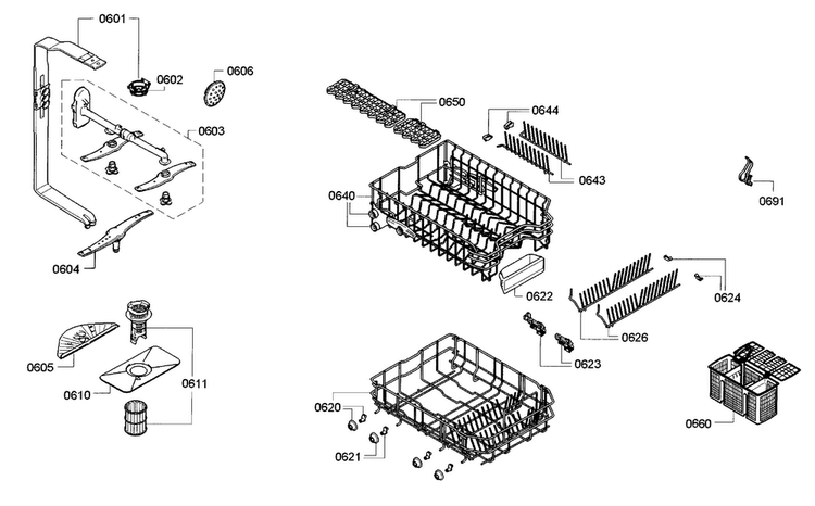 Rack Diagram and Parts List for SPE5ES55UC 28 Bosch Dishwasher
