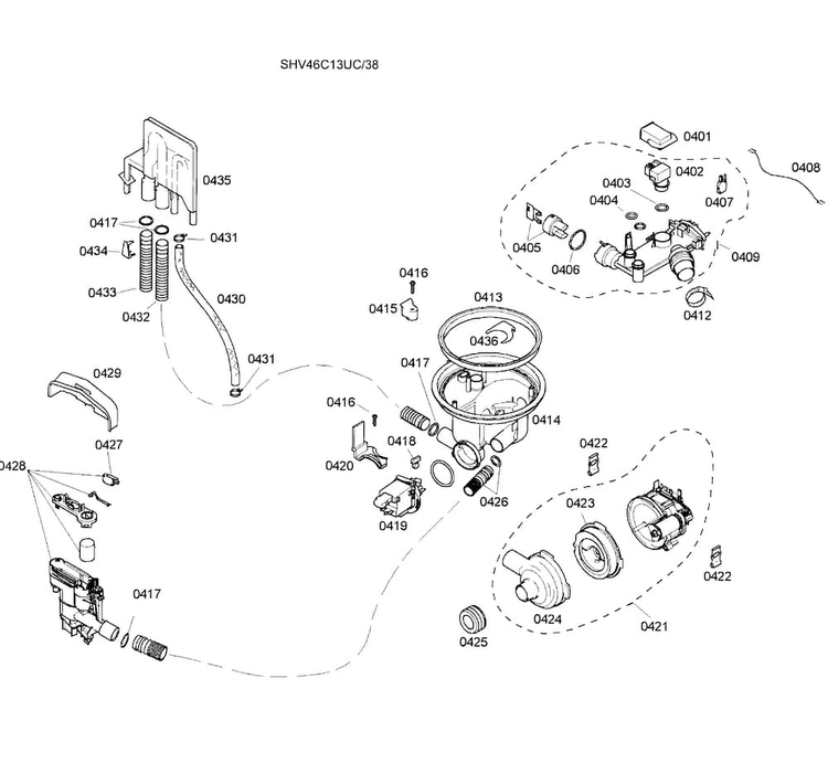 Pump Assy Diagram and Parts List for SHV46C13UC 38 Bosch Dishwasher