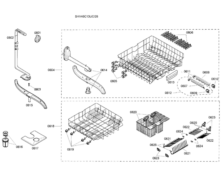 Baskets Assy Diagram and Parts List for SHV46C13UC 28 Bosch Dishwasher