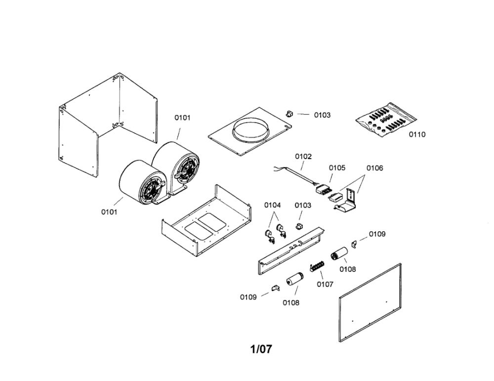Vent System Diagram and Parts List for VTI1010D-01  Thermador Bath & Ventilation Fan
