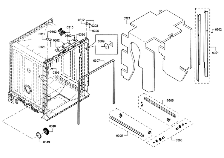 Cavity & Frame Diagram and Parts List for SHE3AR56UC 11 Bosch Dishwasher