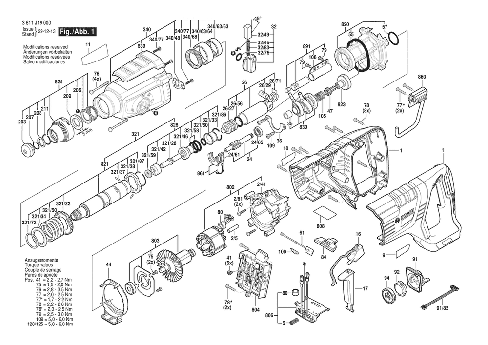 Section 1 Diagram and Parts List for 3611J19010  Bosch Hammer Drill