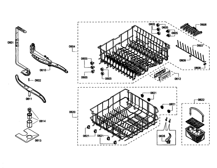 Spray Arm/racks Diagram and Parts List for SHE43F15UC 60 Bosch Dishwasher