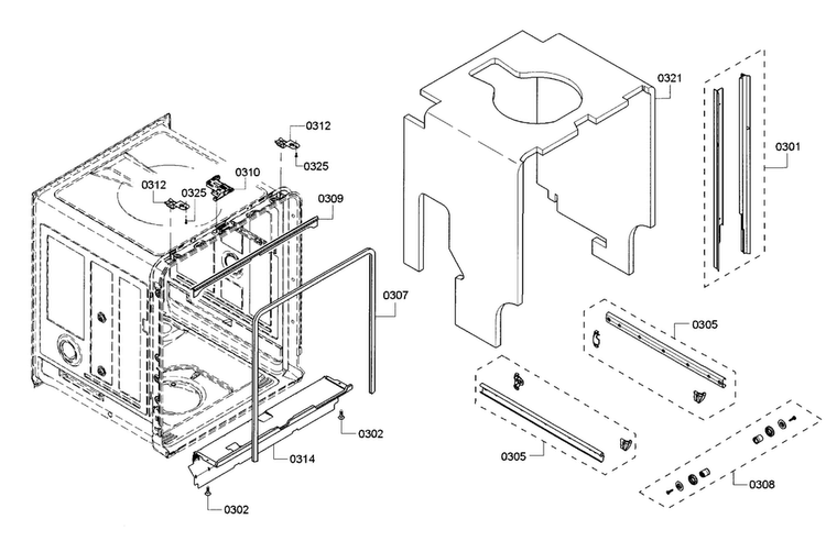 Frame Diagram and Parts List for SHE53TF5UC 02 Bosch Dishwasher