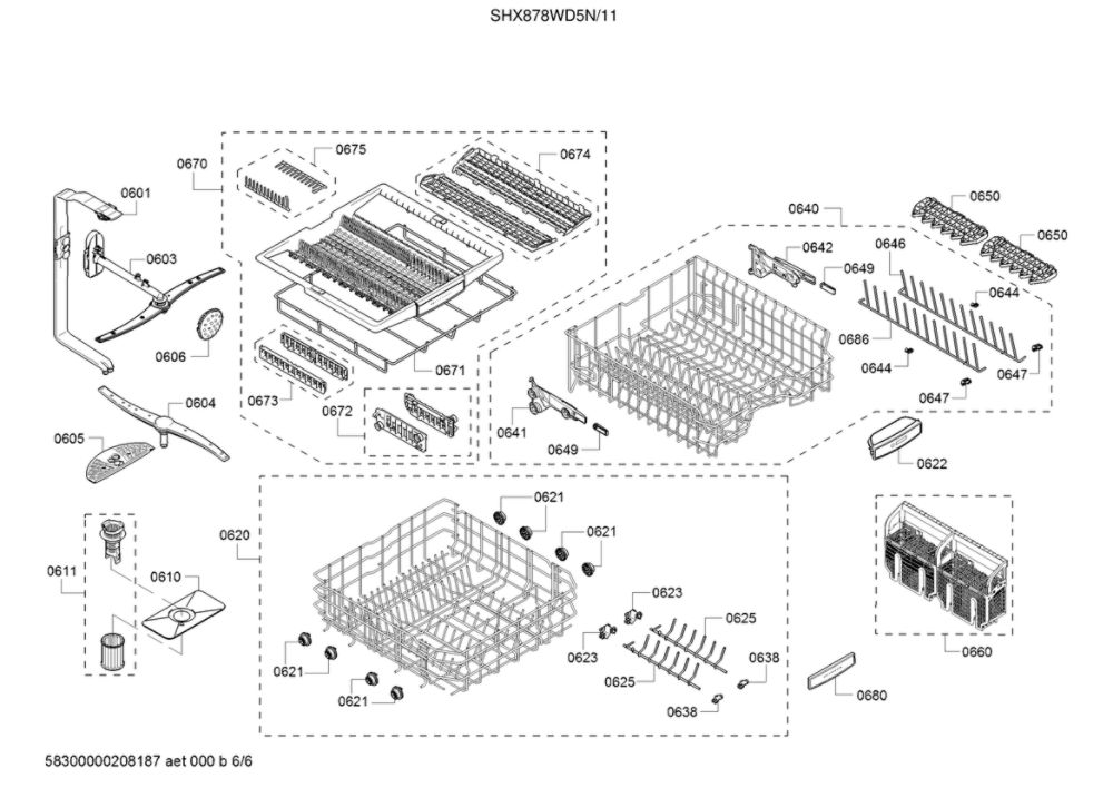 Upper And Lower Spray Arm/Racks Diagram and Parts List for SHX878WD5N 11 Bosch Dishwasher