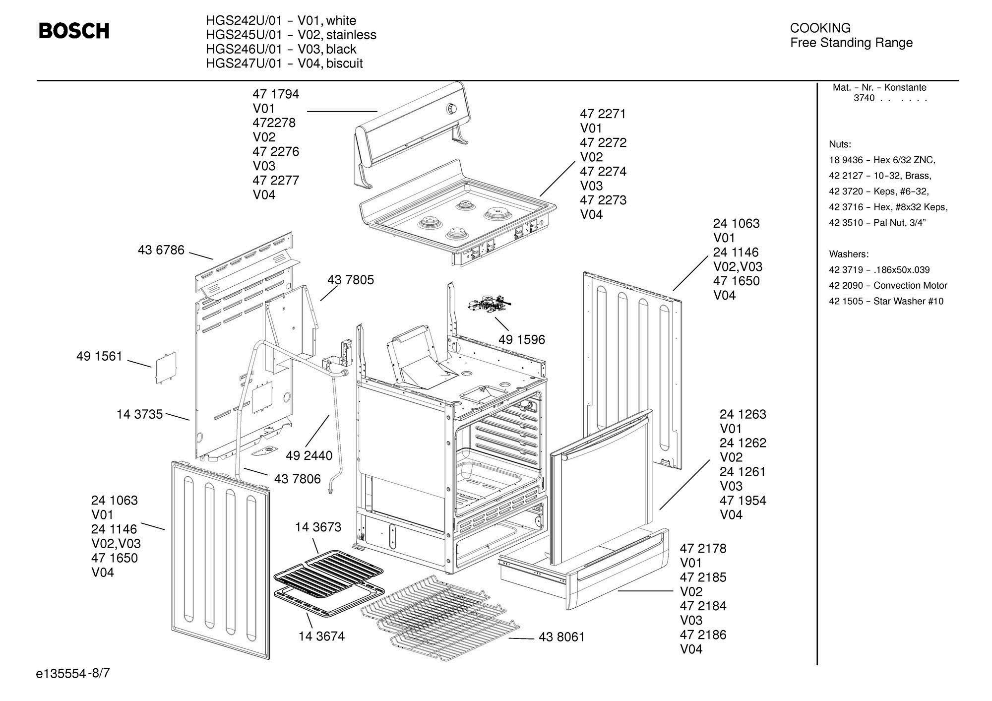 07 - RANGE COMPONENTS Diagram and Parts List for HGS245U  Bosch Range