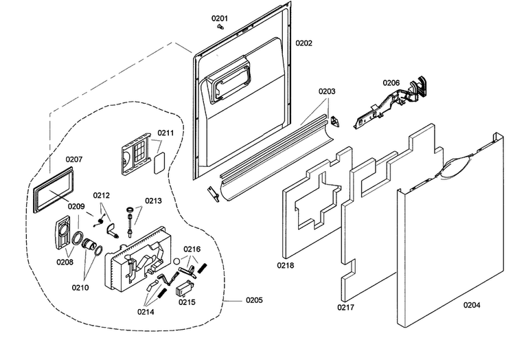Door Assy Diagram and Parts List for SHE43M05UC 43 Bosch Dishwasher
