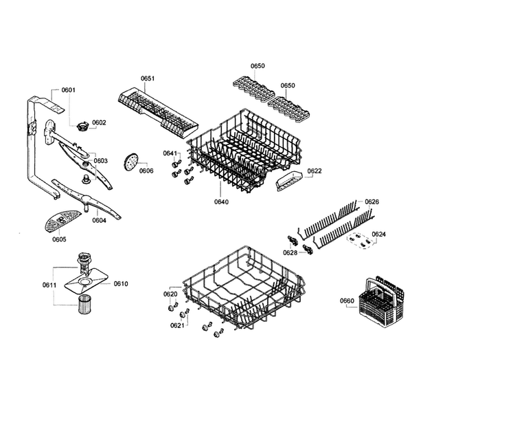 Rack Diagram and Parts List for SGE63E06UC 74 Bosch Dishwasher