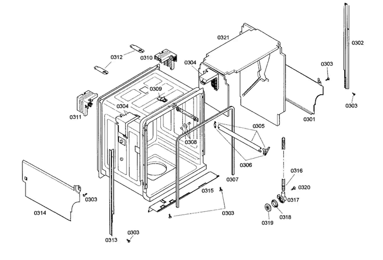 Cabinet Assy Diagram and Parts List for SHE46C02UC 47 Bosch Dishwasher
