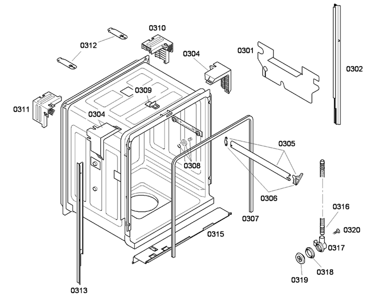 Cabinet Diagram and Parts List for SHE43F05UC 52 Bosch Dishwasher