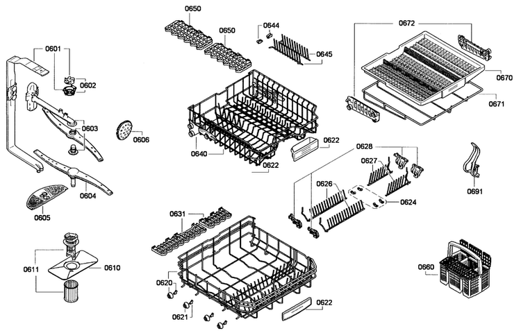 Baskets Assy Diagram and Parts List for SHX68E05UC 01 Bosch Dishwasher
