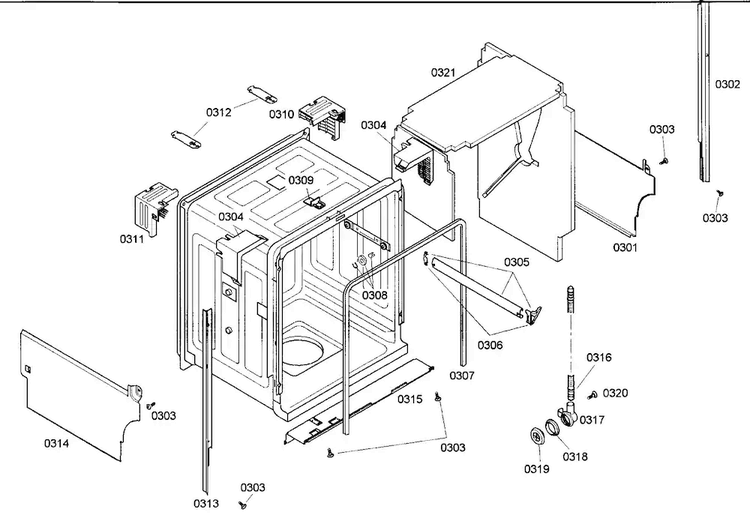 Cavity Assy Diagram and Parts List for SHE43M05UC 48 Bosch Dishwasher