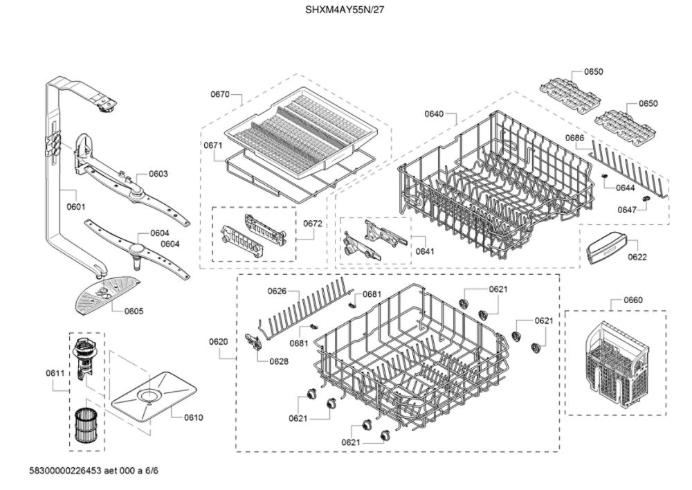 Spray Arms/Racks Diagram and Parts List for SHXM4AY55N 27 Bosch Dishwasher