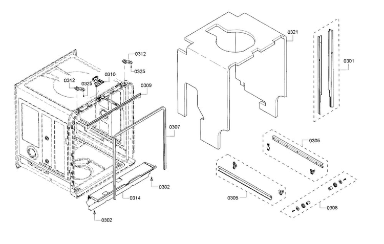 Frame & Cavity Diagram and Parts List for SHV53T53UC 02 Bosch Dishwasher