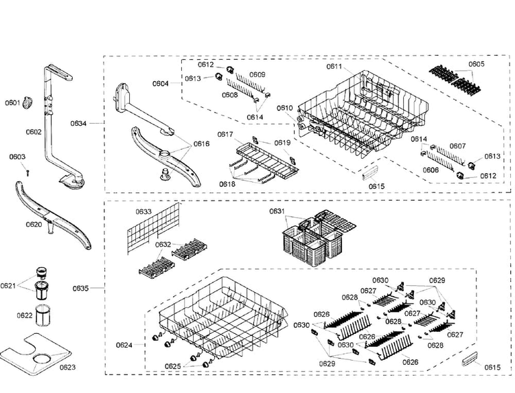 Racks Diagram and Parts List for SHX57C05UC 48 Bosch Dishwasher