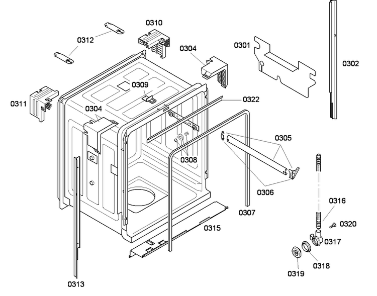 Cabinet Diagram and Parts List for SHE43F06UC 53 Bosch Dishwasher