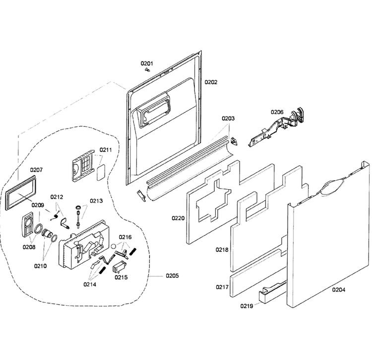 Door Assy Diagram and Parts List for SHE58C02UC 54 Bosch Dishwasher
