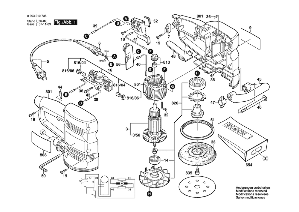 Section 1 Diagram and Parts List for PEX12AESBPT 0603310735 Bosch Orbital or Palm Sander
