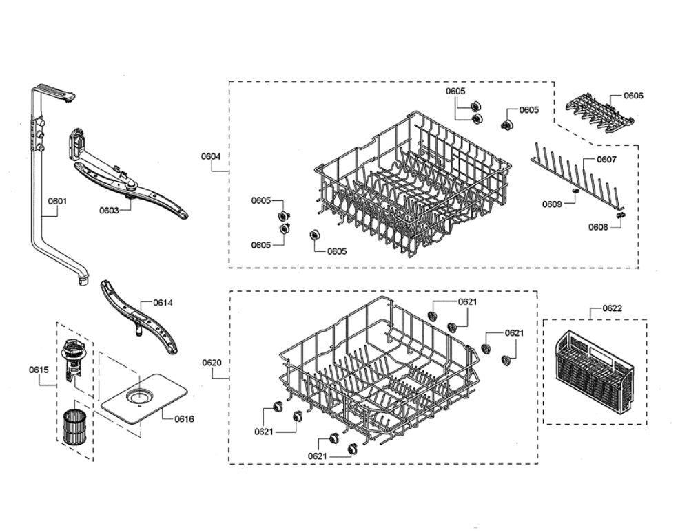 Spray Arms/Racks Diagram and Parts List for SHE3ARL5UC 08 Bosch Dishwasher