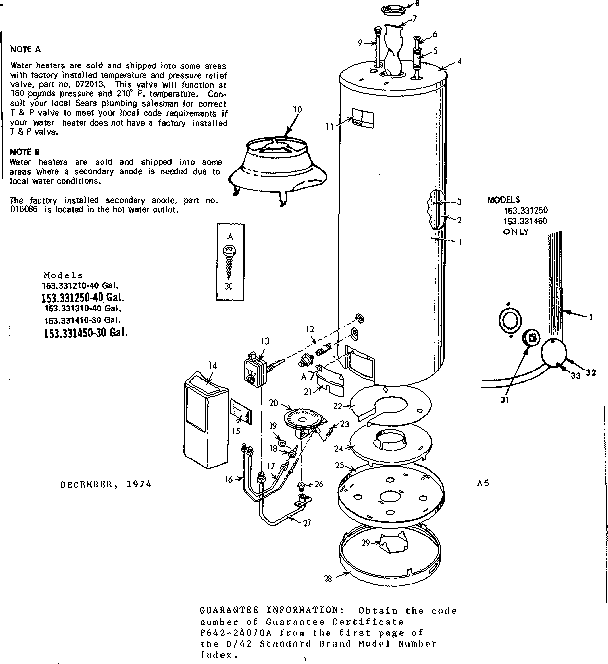 Replacement Parts Diagram and Parts List for 153331450  Kenmore Water Heater