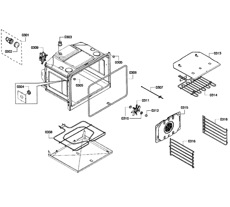 Oven Assy Diagram and Parts List for HBL3450UC 08 Bosch Wall Oven