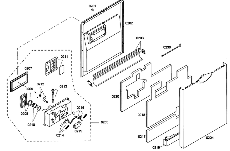 Door Assy Diagram and Parts List for SHE43P02UC 60 Bosch Dishwasher