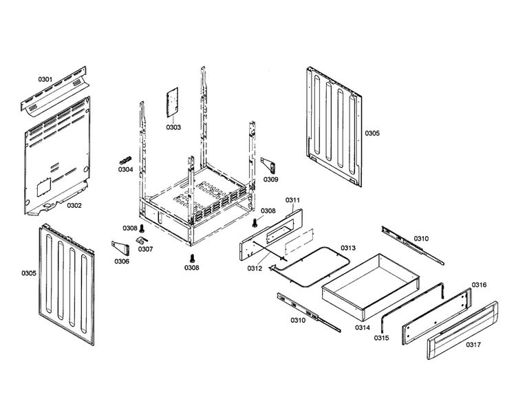 Side Panels/drawer Diagram and Parts List for HES7062U 01 Bosch Range