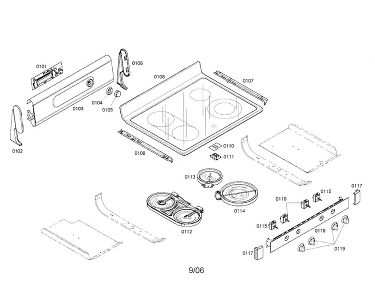 Cooktop Diagram and Parts List for HES7052U 01 Bosch Range