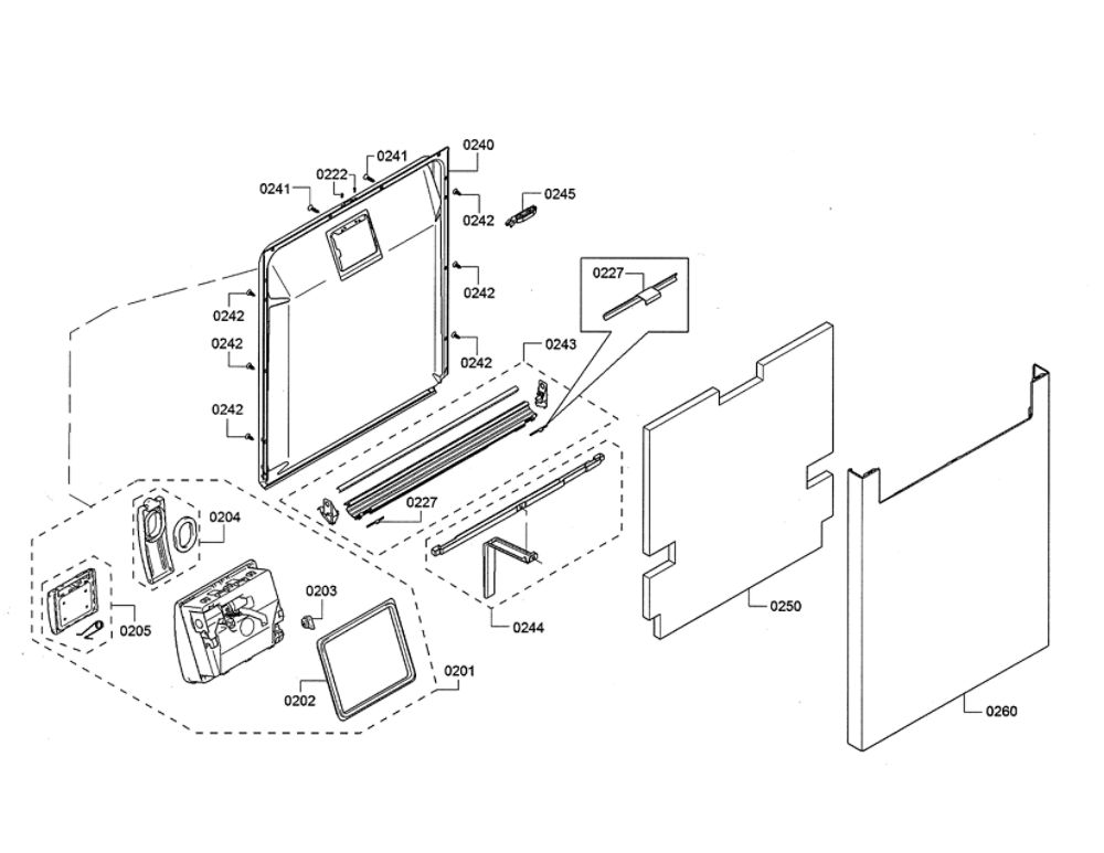 Door/Dispenser Diagram and Parts List for SHE863WF6N 01 Bosch Dishwasher