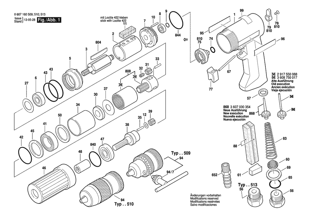 Section 1 Diagram and Parts List for 0607160513  Bosch Drill