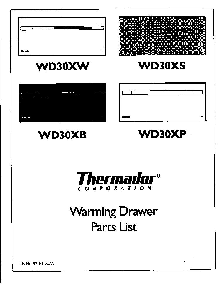 Cover Page-text Diagram and Parts List for WD30XP  Thermador Warming Drawer