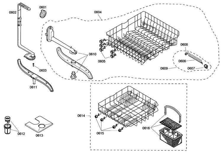 Baskets Diagram and Parts List for SHE43C05UC 22 Bosch Dishwasher