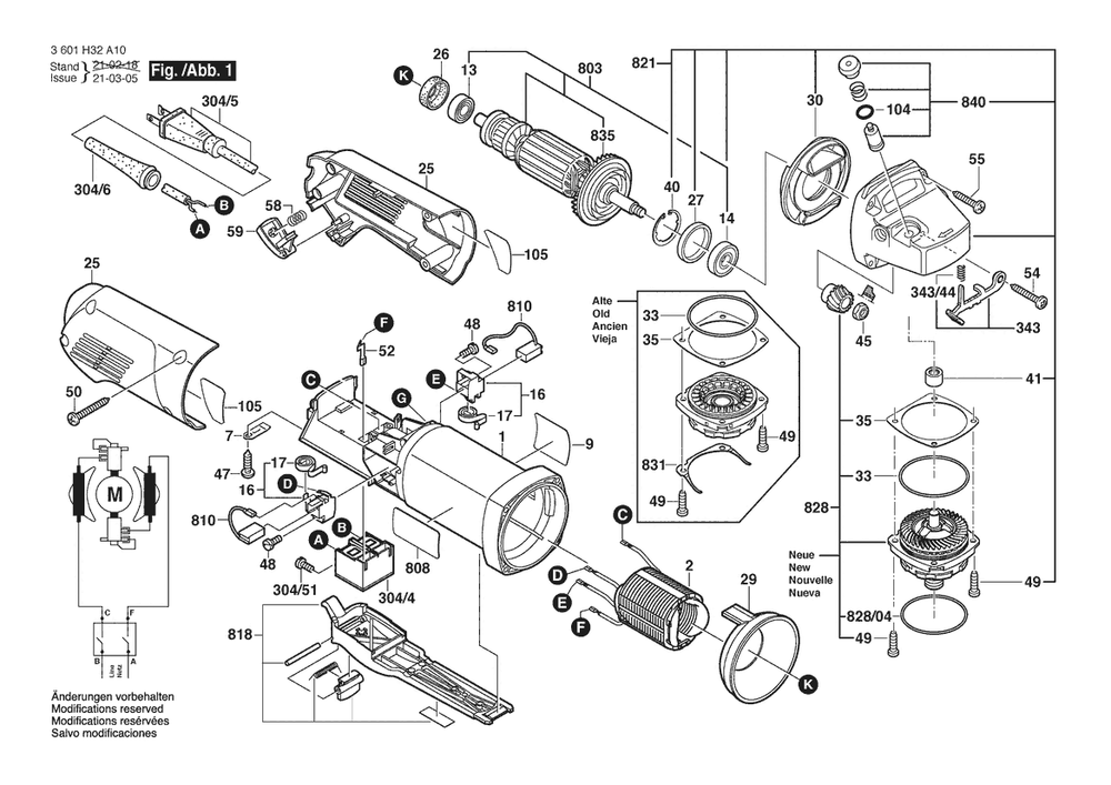 Section 1 Diagram and Parts List for 1811 3601H32A10 Bosch Angle Grinder