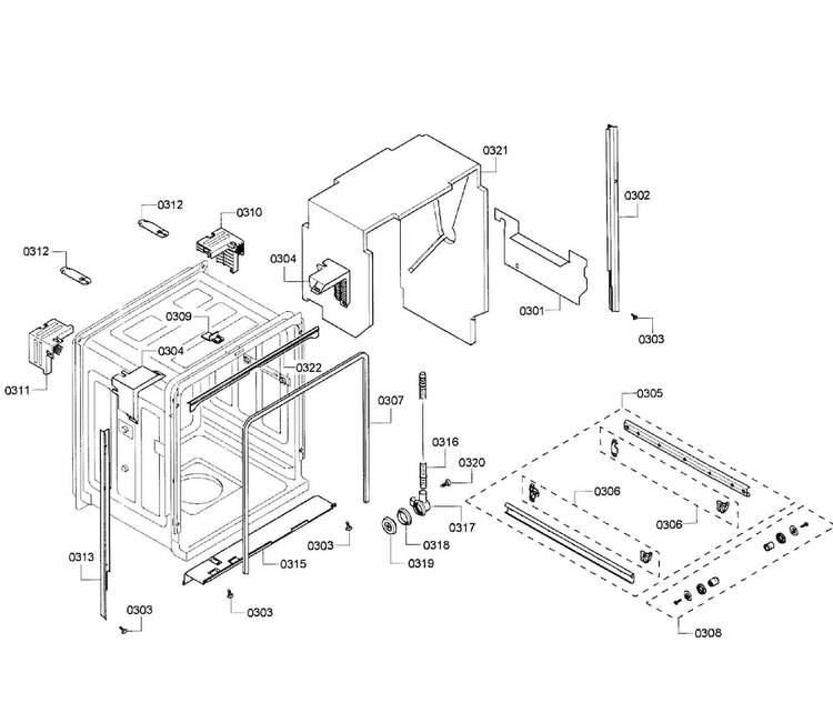 Cabinet Diagram and Parts List for SHE43F15UC 64 Bosch Dishwasher