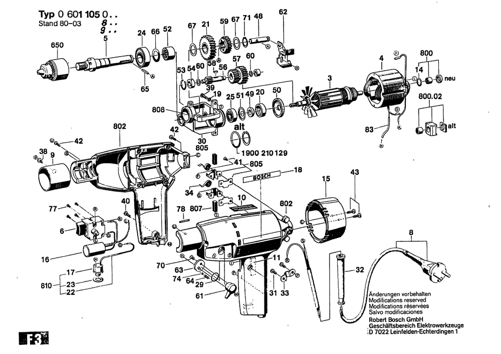 Section 1 Diagram and Parts List for 0601105945  Bosch Drill