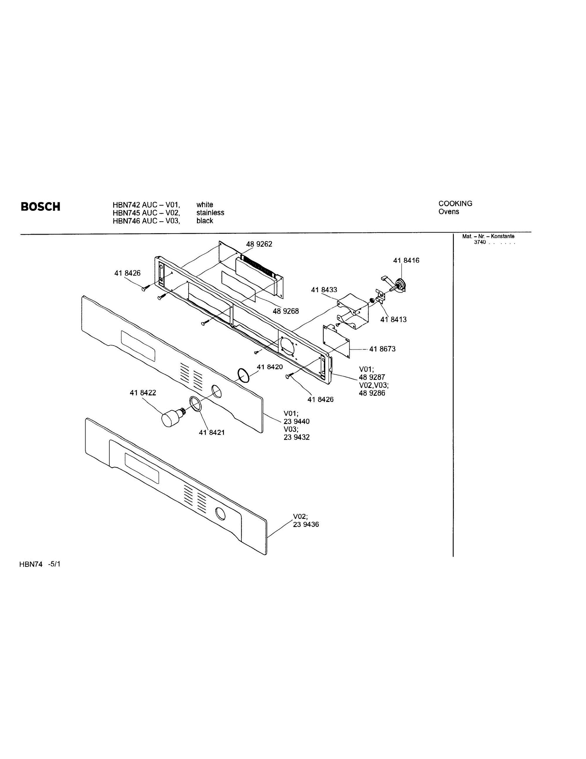 01 - FASCIA PANEL Diagram and Parts List for HBN742AUC(FD8207-)  Bosch Wall Oven
