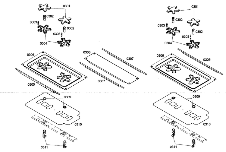 Burner Assy Diagram and Parts List for PRL304EG02  Thermador Range