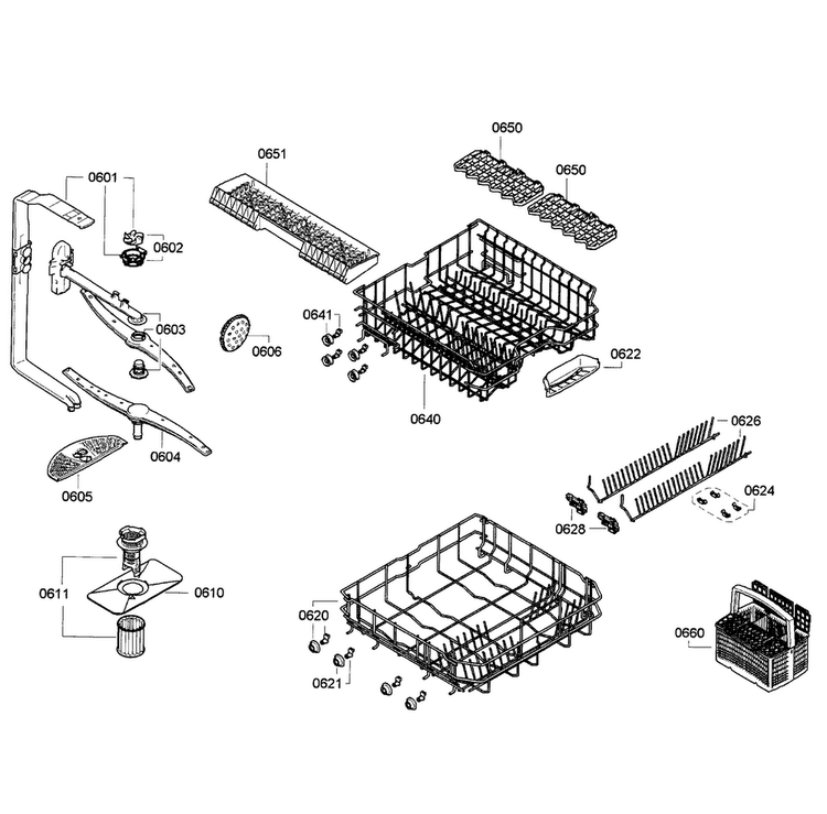 Baskets Diagram and Parts List for SGE63E05UC 25 Bosch Dishwasher