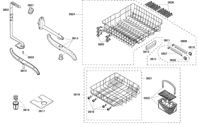 Baskets Diagram and Parts List for SHE43F02UC 50 Bosch Dishwasher