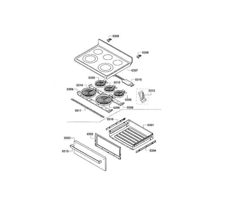 Burners & Broiler Diagram and Parts List for HES5053U 09 Bosch Range
