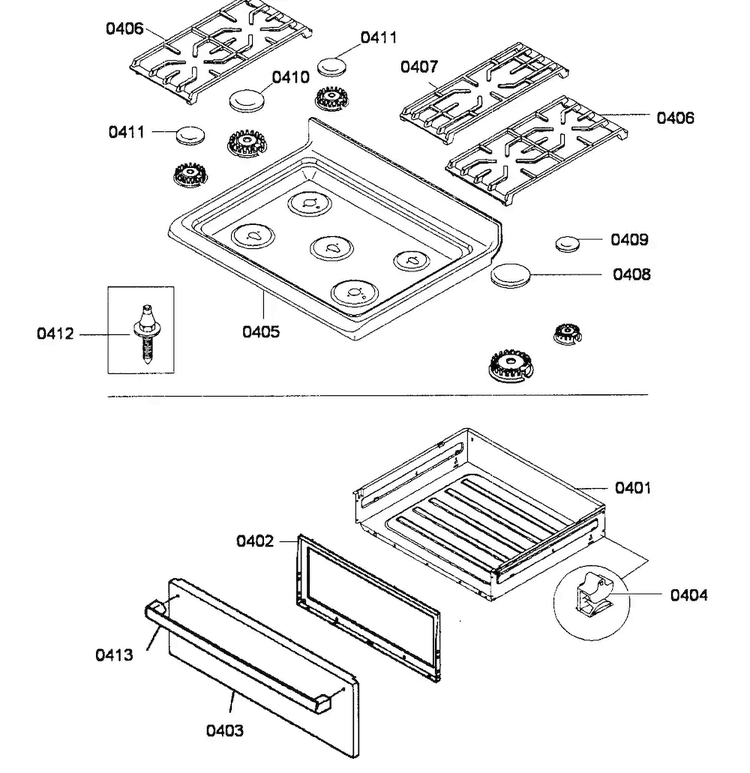 Top/drawer Diagram and Parts List for HGS3053UC 01 Bosch Range