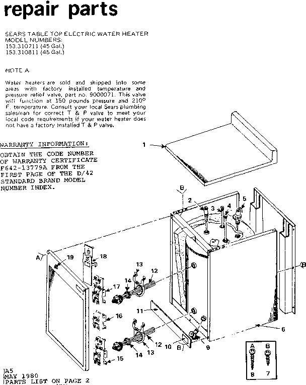 Replacement Parts Diagram and Parts List for 153310711  Kenmore Water Heater