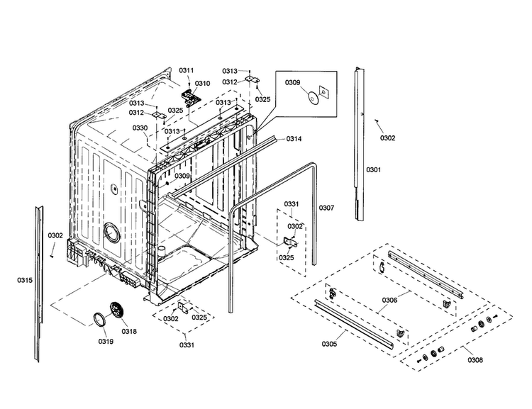 Tub Diagram and Parts List for SHE4AM12UC 01 Bosch Dishwasher