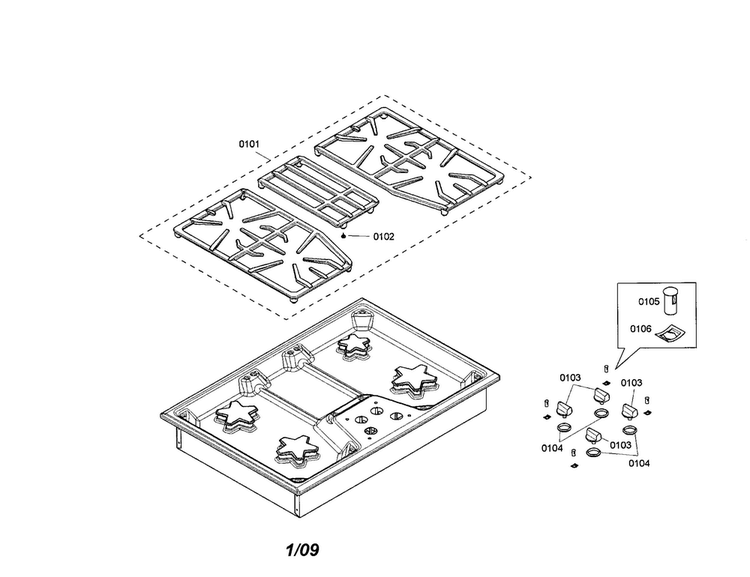 Grates/knobs Diagram and Parts List for SGS304FS 01 Thermador Cooktop