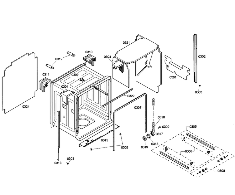 Cabinet Diagram and Parts List for SHE55C05UC 58 Bosch Dishwasher
